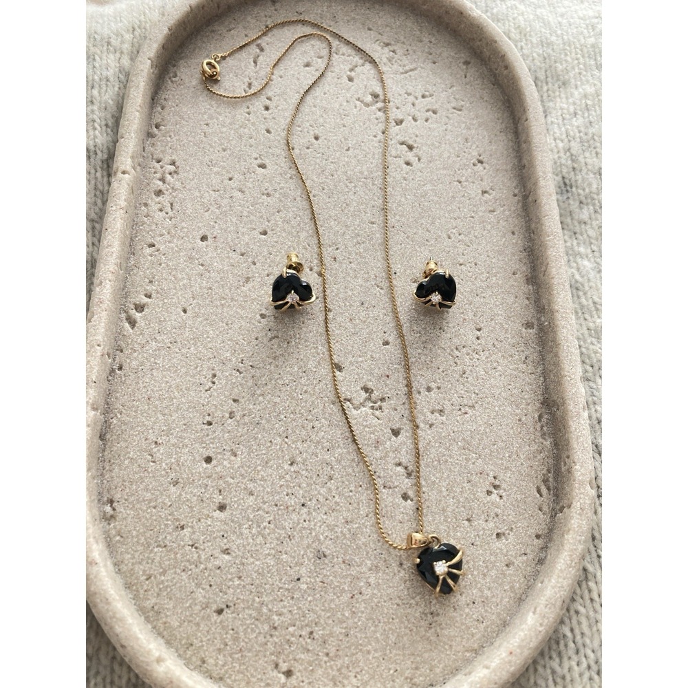 Vintage SETA Necklace & Earring Set Gold Tone‎ Black Romantic Hearts Rhinestones